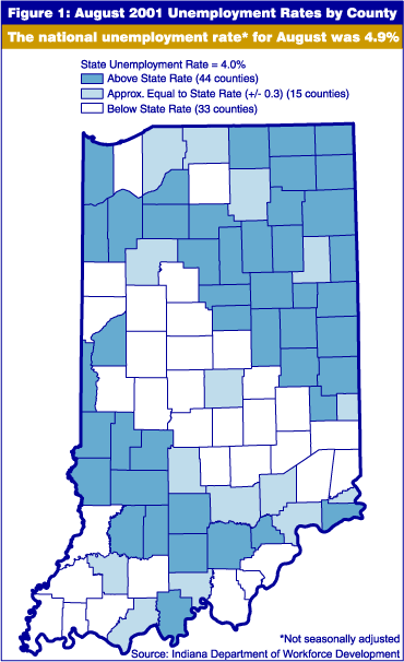 Figure 1: August 2001 unemployment rates by Indiana county. 
