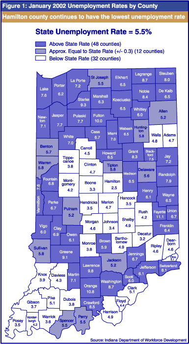 Figure 1: January 2002 Unemployment Rates by County