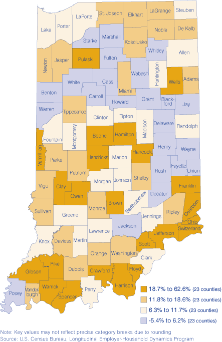 Figure 1: Percent Change in the Number of Workers 55 and Older by County of Workplace in Indiana, 2001 to 2004