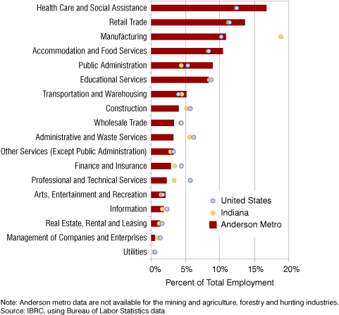 Figure 3: Employment by Industry as a Percent of Total Employment in the Anderson Metro, Indiana and the United States, 2007