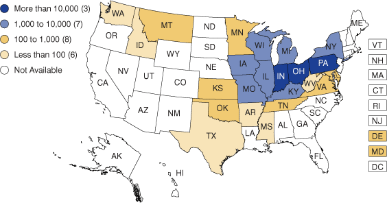 Figure 1: Number of Amish Adherents by State, 2000