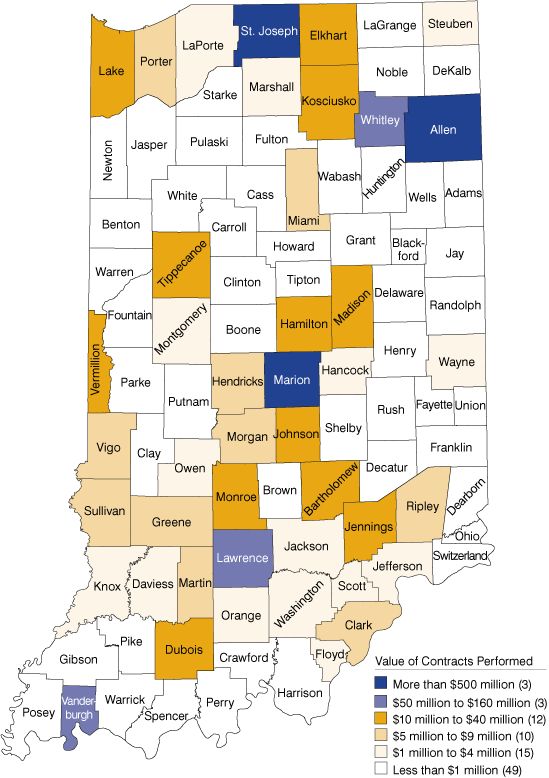Figure 4: Value of Indiana Defense Contracts by County, FY 2010