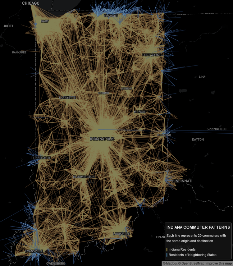 Map of Indiana showing commuting patterns for Indiana residents and residents of neighboring states