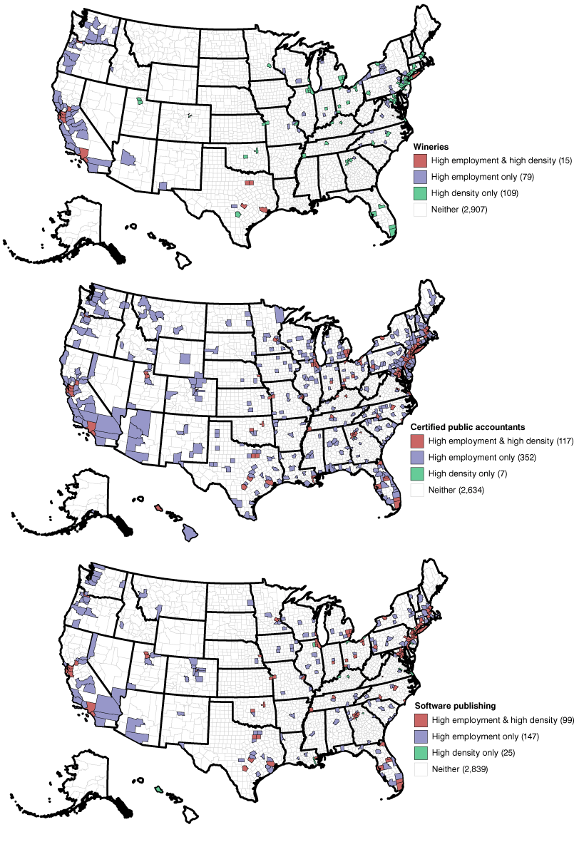 3 U.S. county maps showing the overlap in areas of high employment and population density. These data are described in the paragraph that follows.