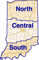 Indiana locator map of north, central and south regions