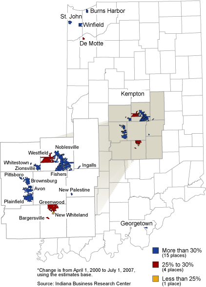 Indiana's 20 Fastest Growing Cities and Towns Based on Percent Change, 2000 to 2007*