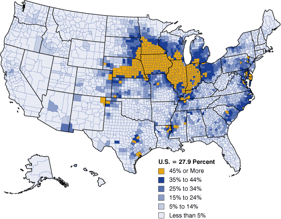 Figure 1: Acres of Corn Harvested for Grain as a Percent of Harvested Cropland Acreage, 2007