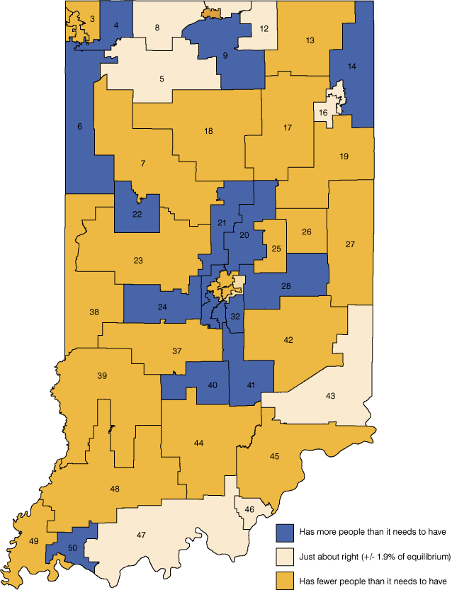 Figure 2: Senate District Population Relative to teh Equilibrium Point of 129,676 Residents, 2010