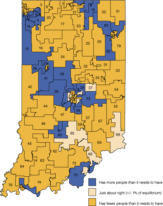 Figure 3: House District Population Relative to the equilibrium Point of 64,838 residents, 2010