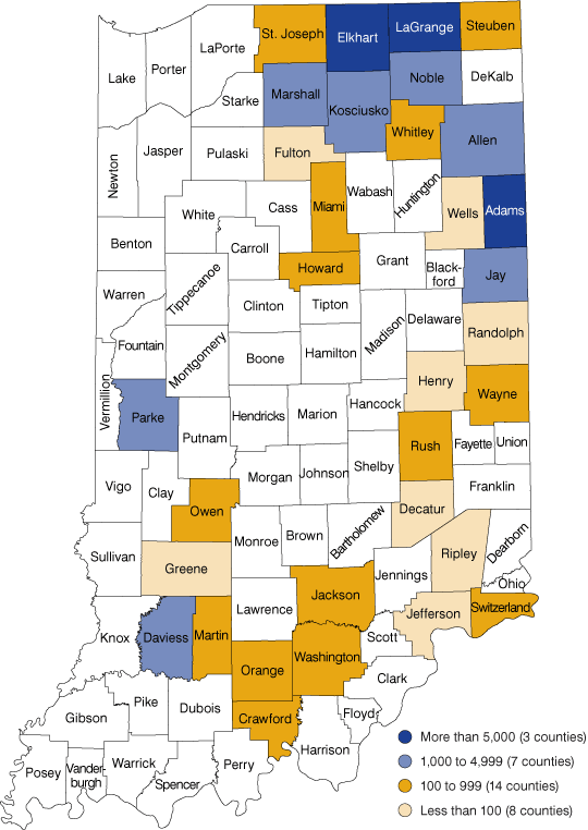 Figure 3: Number of Amish Adherents by Indiana County, 2010