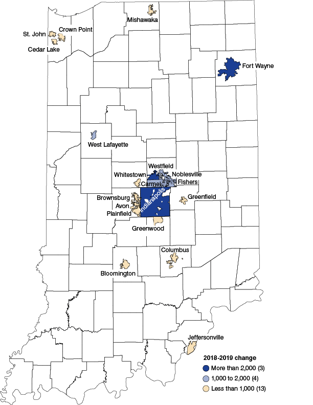 Map of top 20 cities/towns. 3 = more than 2,000, 4 = 1,000 to 2,000, 13 = less than 1,000. 