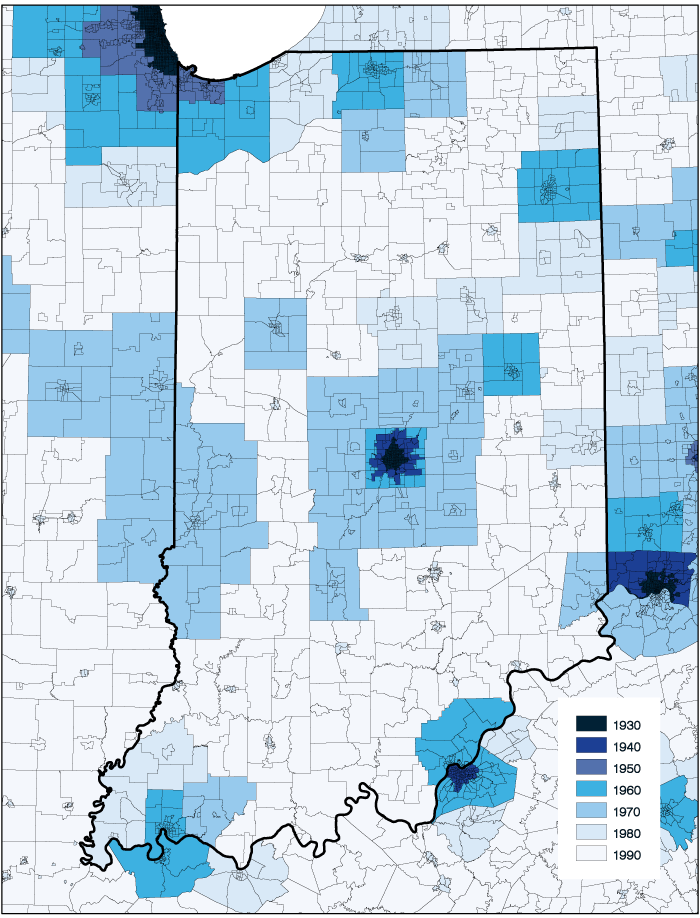 Map of Indiana showing expansion of tract coverage for each decade between 1930 and 1990.