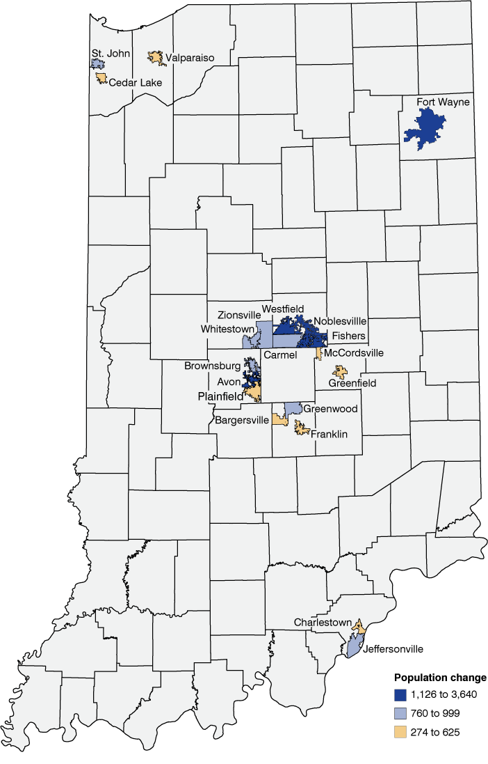 Indiana city/town map showing top 20 places based on numeric growth