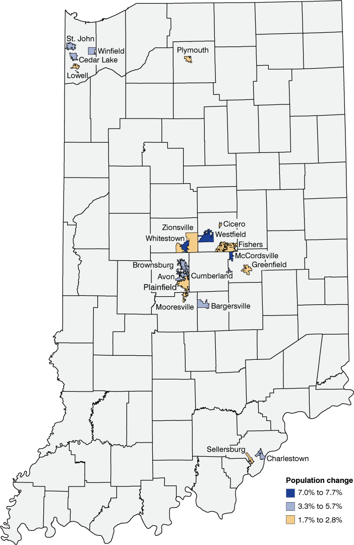 Indiana city/town map showing top 20 places based on percent change