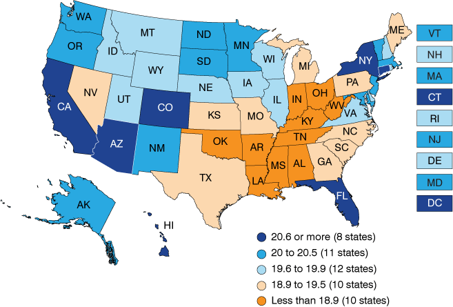U.S. state map, showing Indiana among the group of 10 states with the lowest remaining life expectancy. 