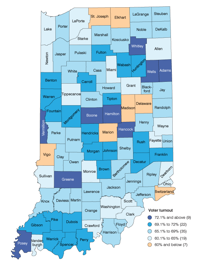 County map of Indiana shaded by voter turnout percentage in the 2020 presidential election.