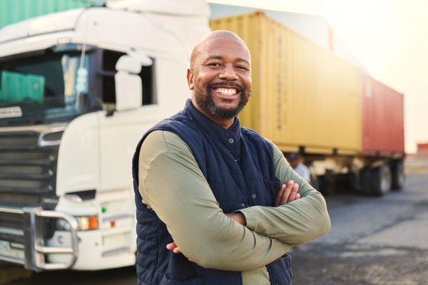A smiling Afro-American truck driver standing in front of a truck with folded arms, wearing a light green shirt and dark blue vest.