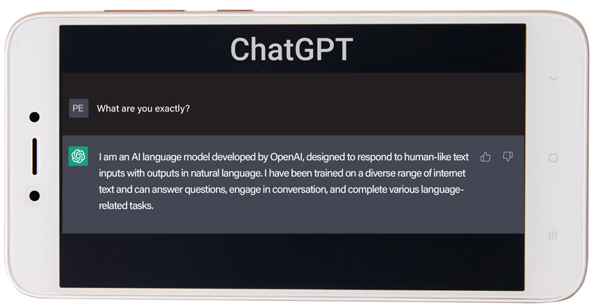 An image of the ChatGPT interface on a phone explaining that it is an AI language model designed to respond to human-like text inputs.