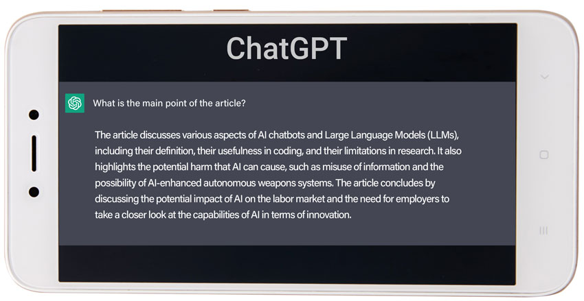 An image of the ChatGPT interface on a phone explaining the main point of the article, including a chatbot’s definition, its usefulness, its limitations and its possible impact.