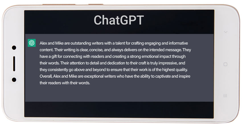 An image of the ChatGPT interface on a phone complimenting the article’s authors, calling them outstanding writers.