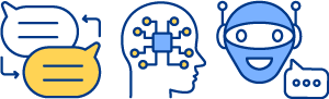 Graphic icons of chat bubbles, a human head with a chip in it and a robot head with antennas. 