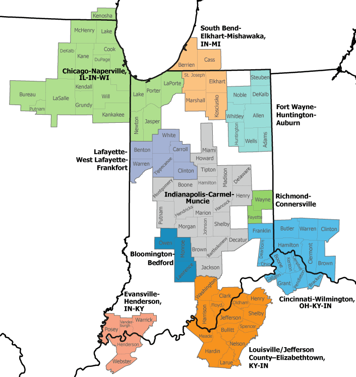 A map of Indiana and its neighboring states that highlights the 10 combined statistical areas that include an Indiana county.