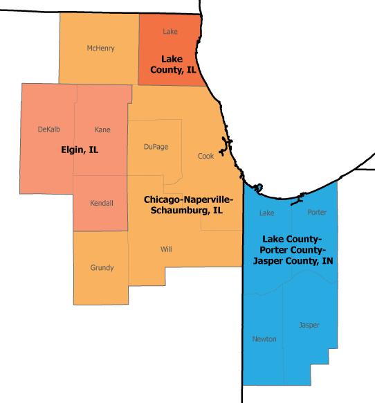 A map of northwestern Indiana and northeastern Illinois that highlights the four metropolitan divisions that make up Chicago.