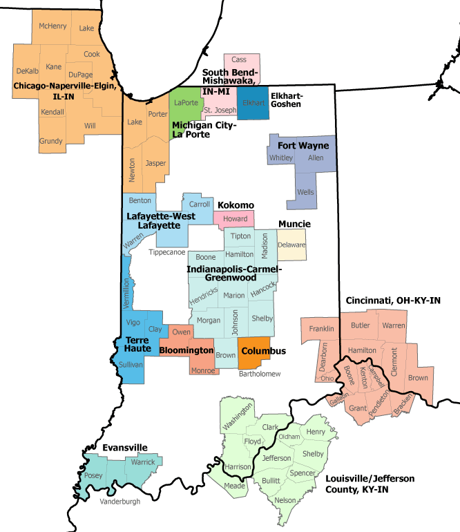 A map of Indiana and its neighboring states that highlights the 15 metropolitan statistical areas that include an Indiana county.