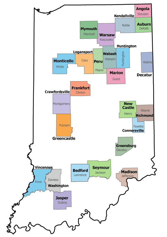 A map of Indiana that highlights the 25 micropolitan statistical areas in the state.