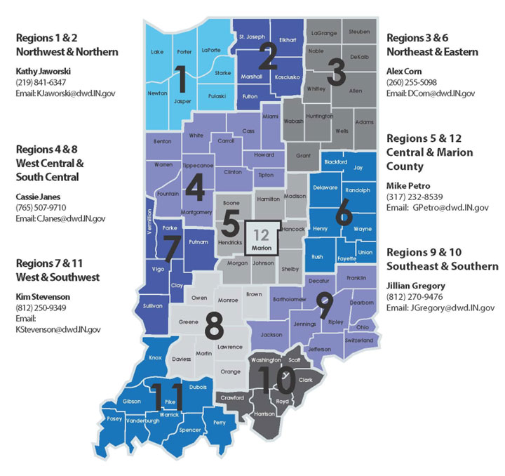 A map of Indiana split into the 12 Economic Growth Regions, as well as contact information for all the regional labor analysts.