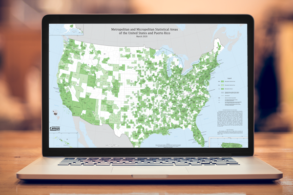 Laptop computer with image of a map of the United States showing metro and micro statistical areas.