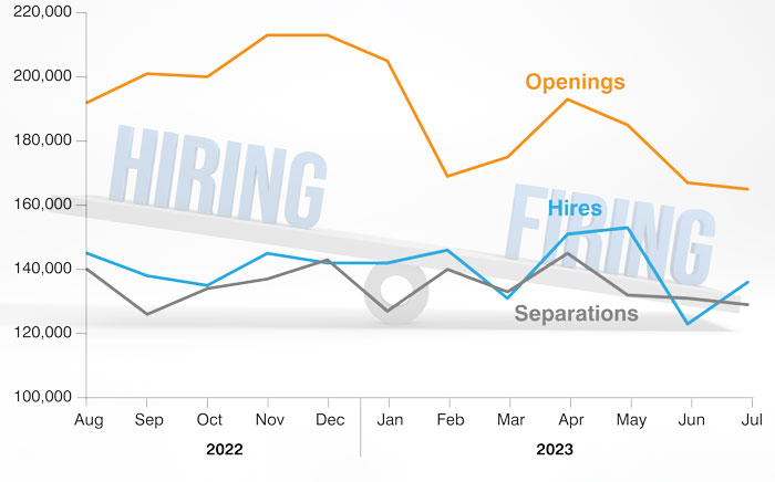 A line chart showing openings, hires and separations for the state of Indiana from August 2022 to July 2023.
