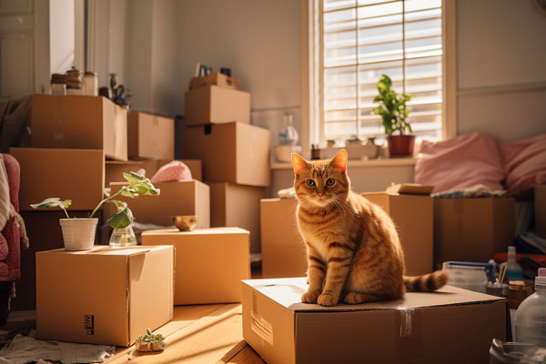 Moving boxes stacked around a small room with plants and a yellow striped cat sitting on top of a box looking perplexed.