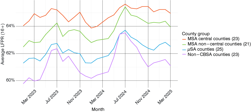 Line graph showing monthly average labor force participation rate (age 16 and older) by Indiana county's CBSA status from January 2023 to March 2025 for the following county types: MSA central counties, MSA non-central counties, micropolitan counties and non-CBSA counties.