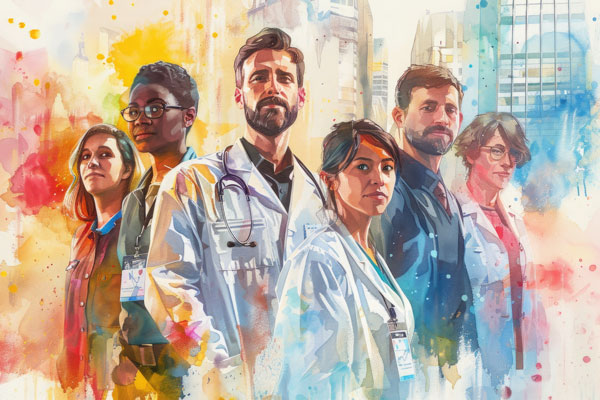 Colorful illustration of six working professionals, several of whom are wearing work badges.