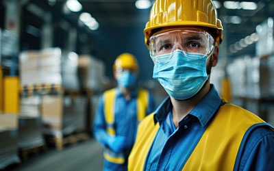 A worker wearing a hardhat and a ace mask working in a manufacturing facility.