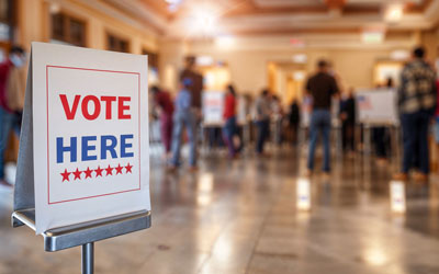 A building inside showing voters and a vote hear sign.