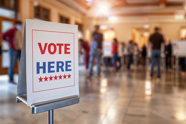 Image of the a voting poll place with a sign that says Vote Here.