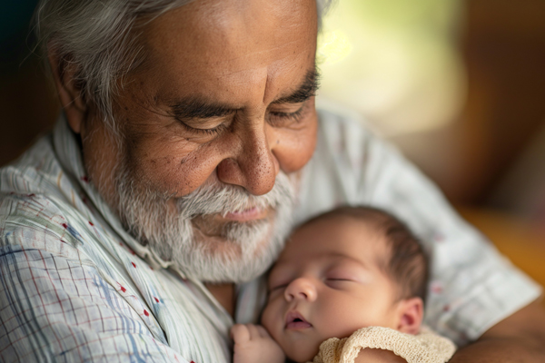 Image of a father gazing at eye level resting on his arms at his newborn baby.