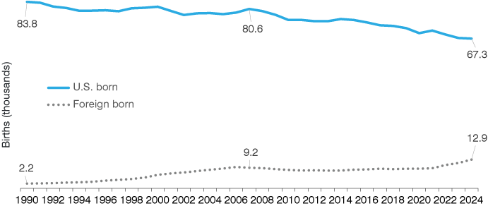 Line graph showing the number of births to foreign-born mothers and the number of births to U.S.-born mothers in Indiana from 1990 to 2024.